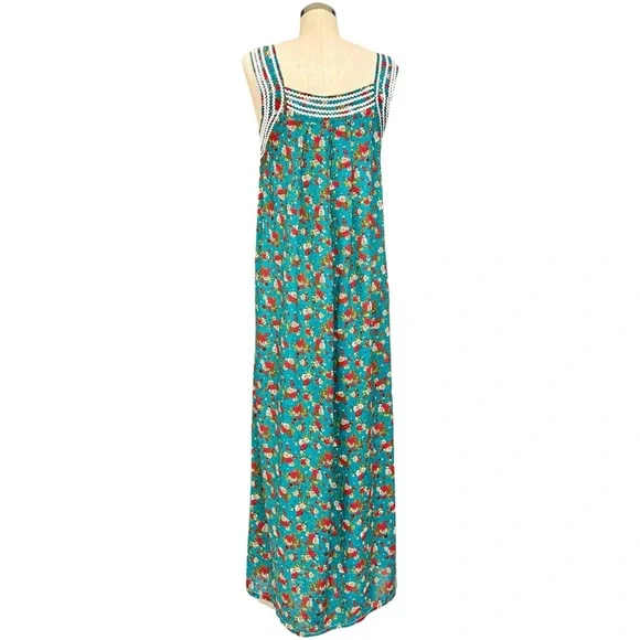 Vintage Cottagecore Floral Maxi Dress Handmade MuuMuu Style Teal S/M - Picture 4 of 10